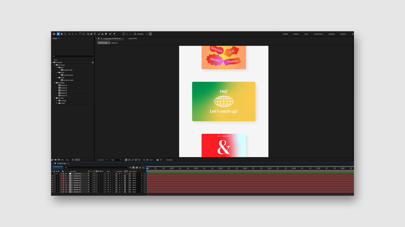 Animation project in Adobe After Effects interface with vibrant gradient text designs. Ideal for motion graphics, templates, and creative design projects.
