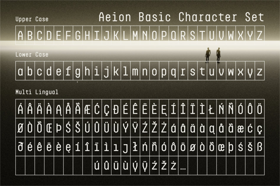 Aeion Basic Character Set featuring upper case lower case and multilingual font. Ideal for designers seeking versatile typography templates.