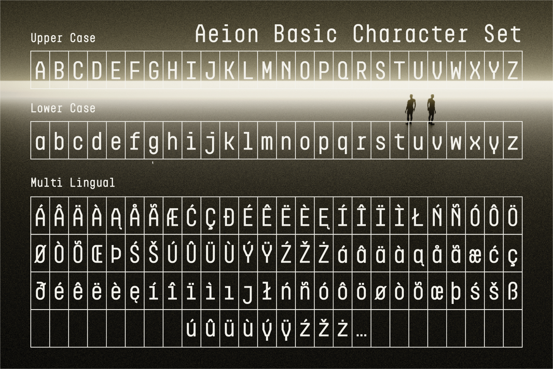 Aeion Basic Character Set featuring upper case lower case and multilingual font. Ideal for designers seeking versatile typography templates.