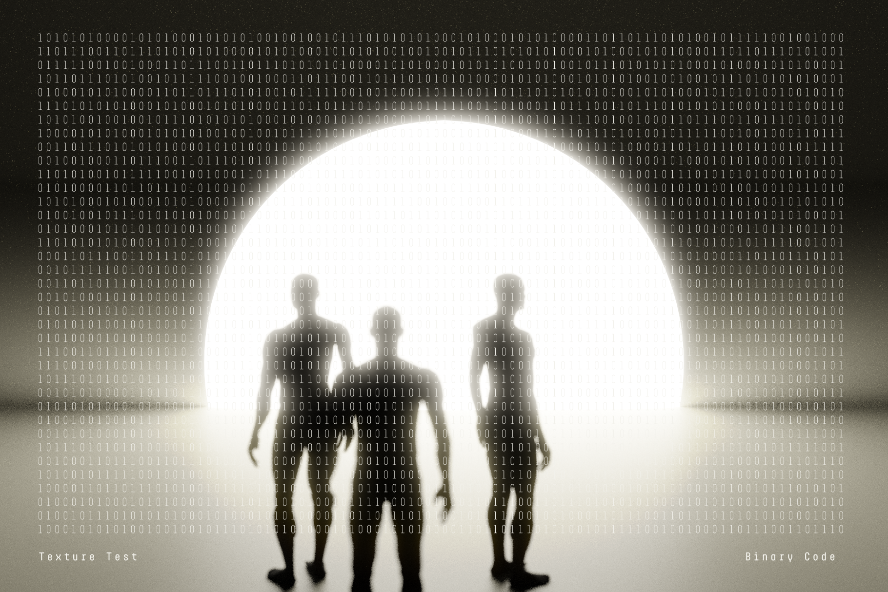 Silhouettes of three figures against a glowing white circle with binary code overlay. Suitable for tech graphic design projects or digital mockups.