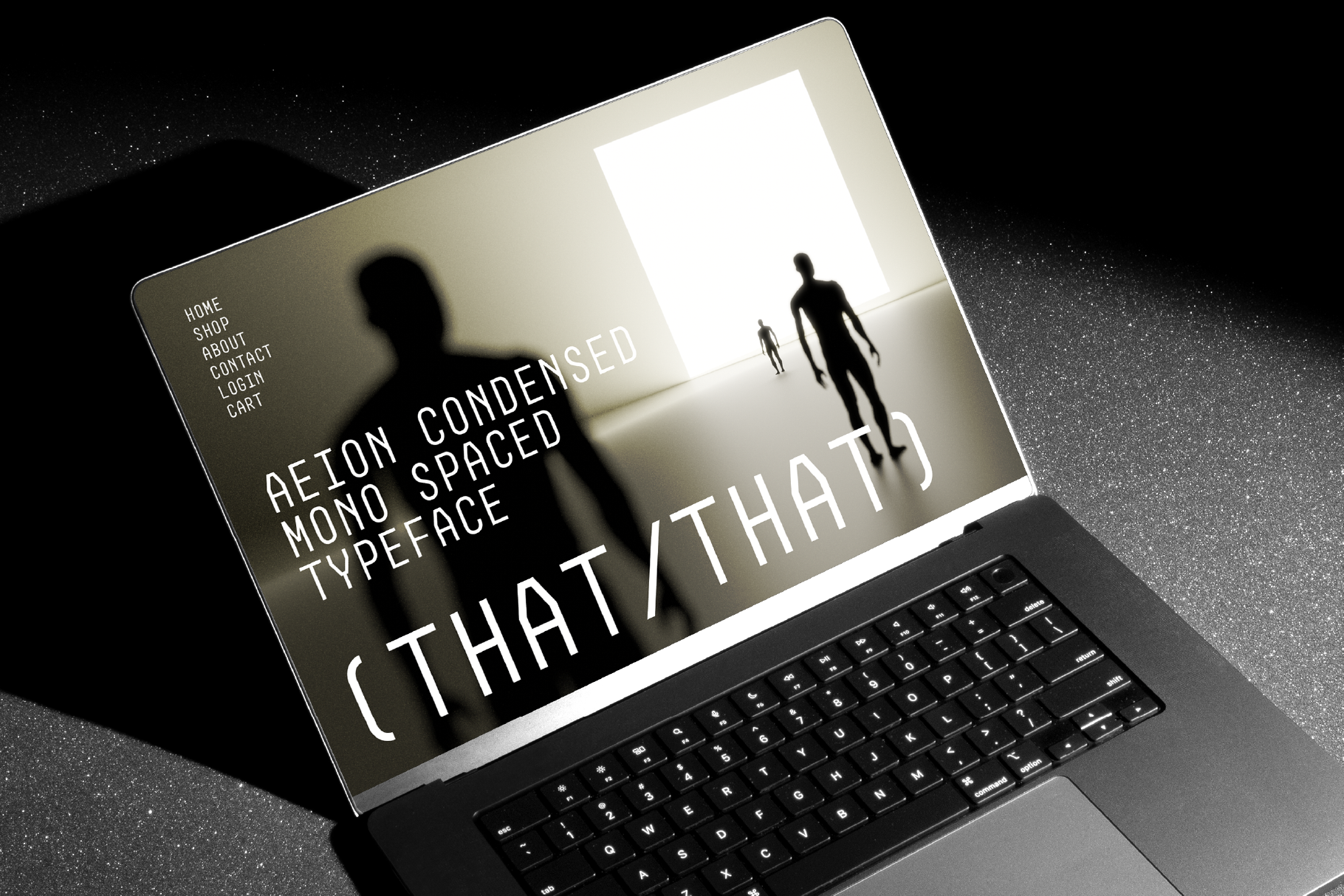 Laptop displaying Aeion Condensed Mono Spaced Typeface. Minimalist design ideal for typography projects. Suitable for designers seeking creative fonts.