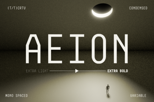 AEION font display with various weights from extra light to extra bold. Perfect for designers seeking modern, variable, condensed fonts for typography.
