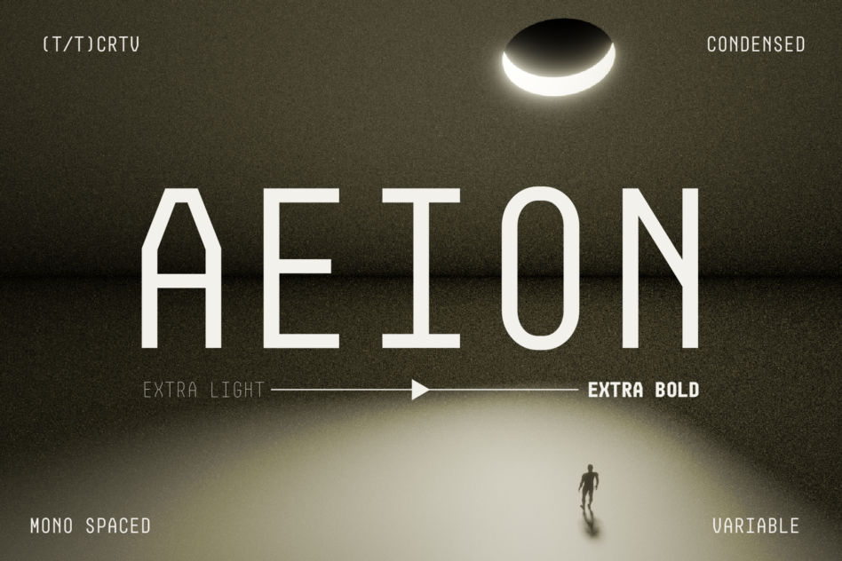 AEION font display with various weights from extra light to extra bold. Perfect for designers seeking modern, variable, condensed fonts for typography.