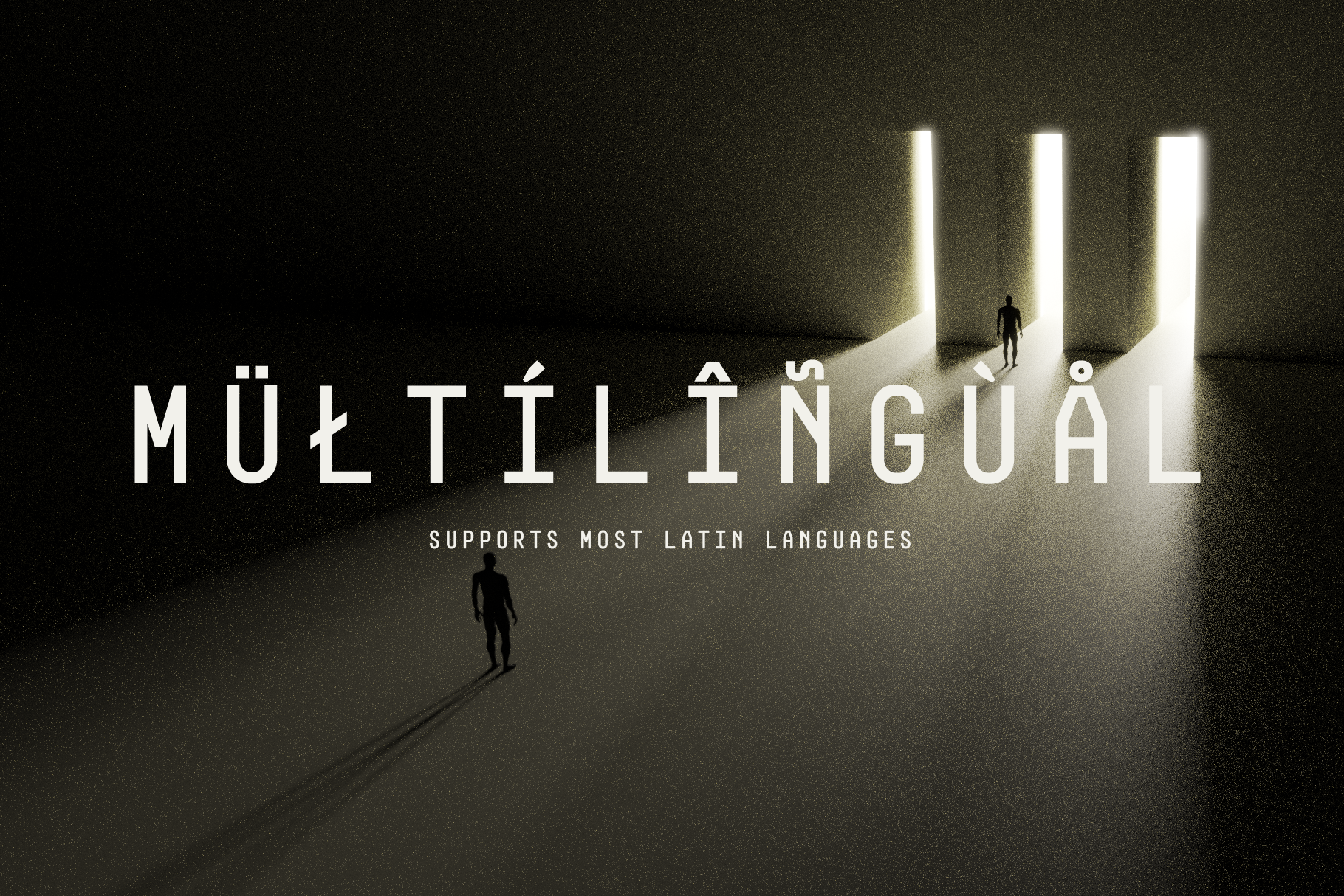 Modern multilingual font graphic with shadowed figures and light beams. Suitable for creative design projects. Keywords: fonts, multilingual, graphic.