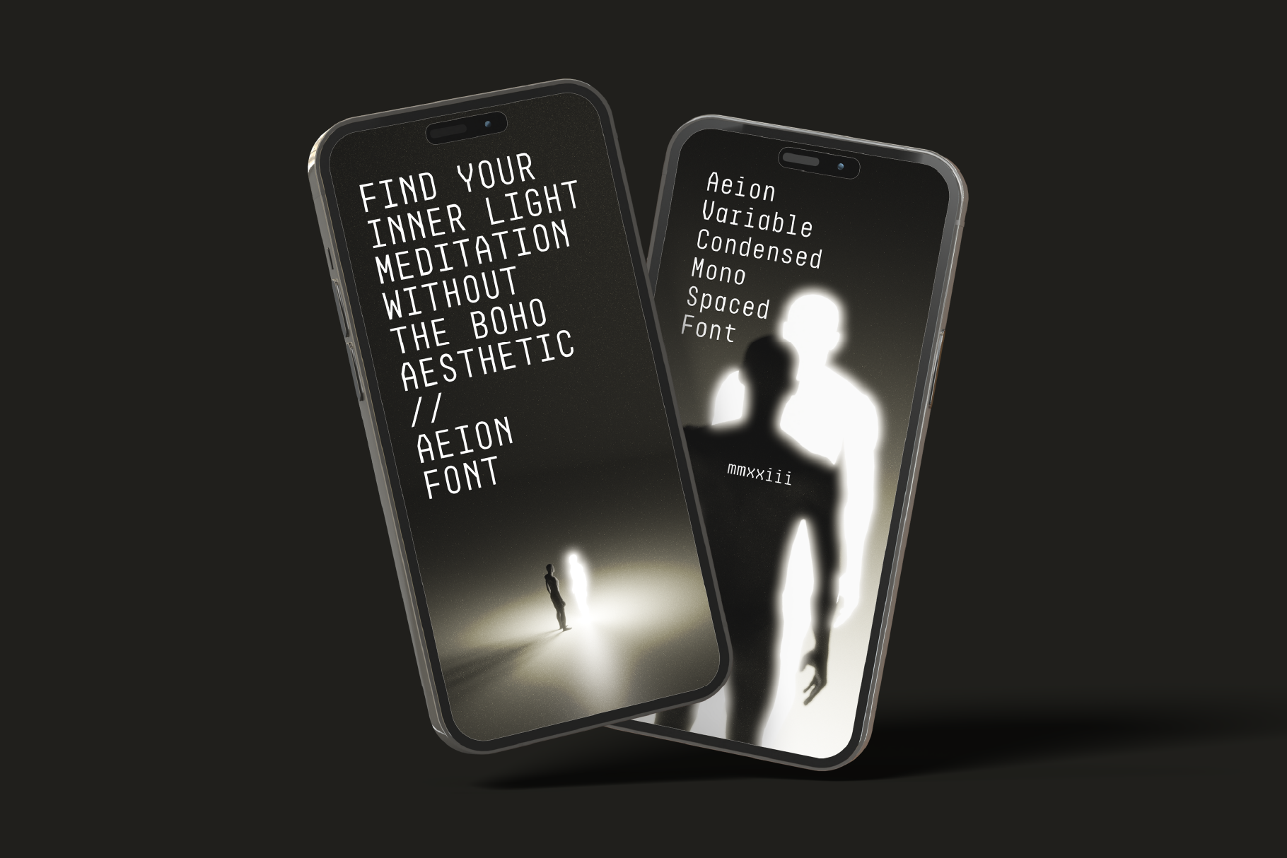 Mockup showing two smartphones with abstract designs showcasing Aeion font. Keywords: Aeion font, digital assets, typography, mockup, graphic design, templates.