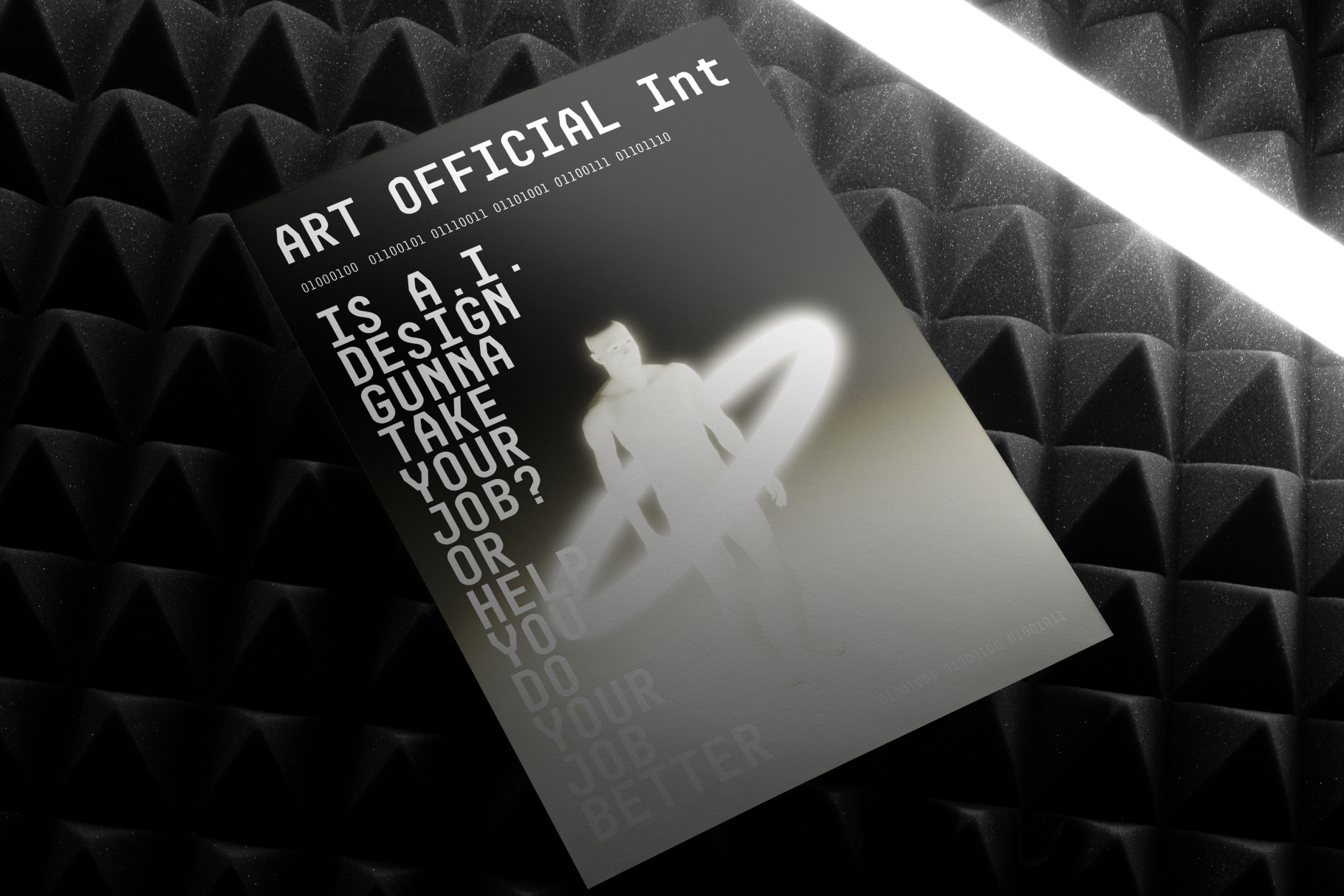AI-themed digital poster mockup with bold text design on a geometric background. Keywords: digital, mockup, poster, AI, design, graphics, template, designers.