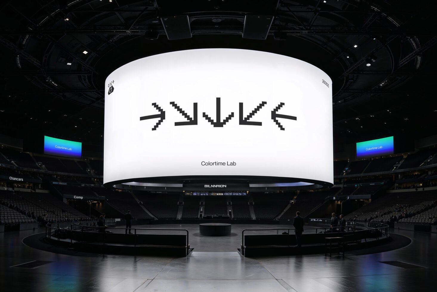 Large digital screen in an arena displays pixel art arrows. Suitable for mockups or graphics needs in designer projects. Ideal for venue presentations.