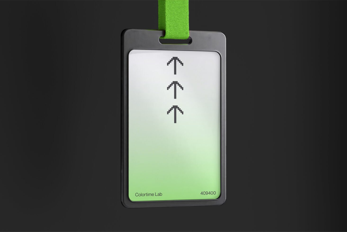 ID badge mockup with gradient green background and pixel arrows. Ideal for branding templates, graphic design projects, and identity showcases.