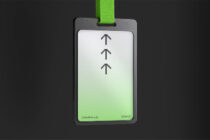 ID badge mockup with neon green gradient display showing pixel arrows on bright fabric lanyard