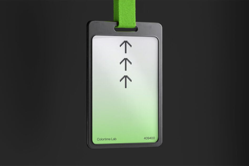 ID badge mockup with neon green gradient display showing pixel arrows on bright fabric lanyard