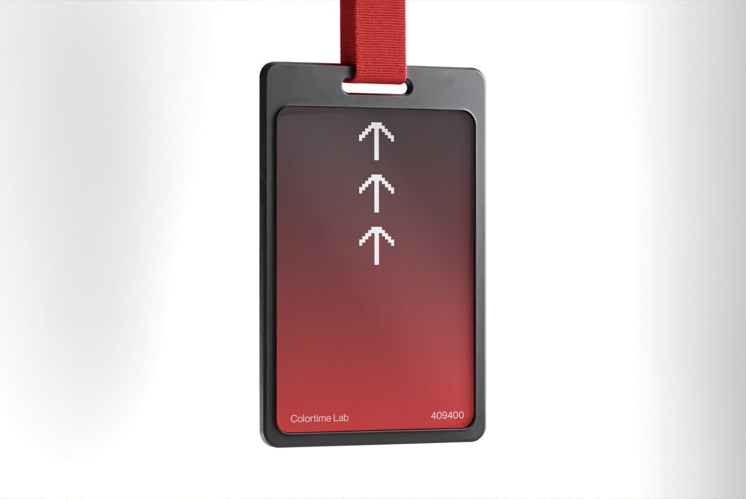 ID card mockup with black frame and red lanyard, featuring white arrow design on a red gradient background, ideal for brand identity and design projects.