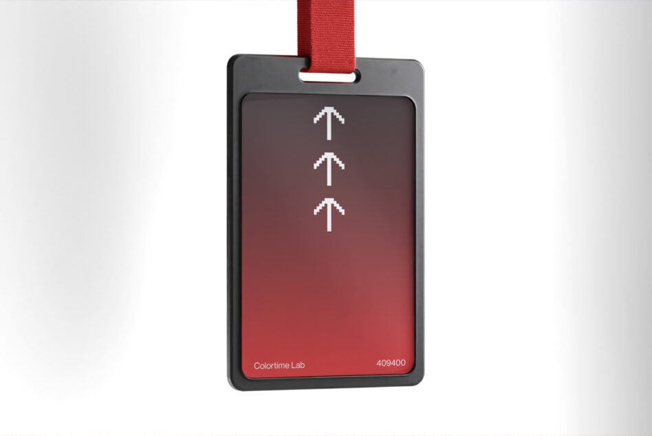 ID badge mockup with red gradient display showing pixel arrows on dark fabric lanyard