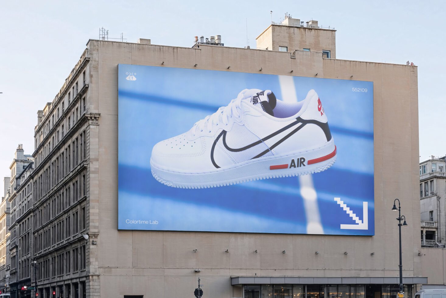 Urban street billboard mockup featuring a large sneaker advertisement with modern design elements. Ideal for graphic designers and advertising templates.