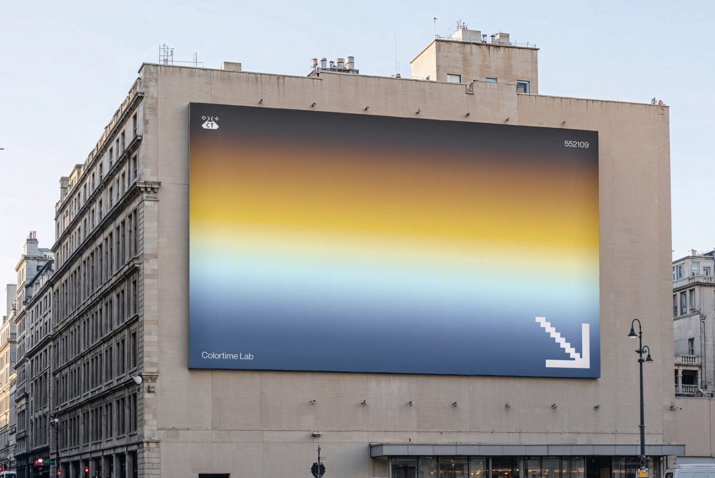 Urban billboard showcasing gradient colors from yellow to blue with pixelated arrow design, ideal for graphic design mockups and digital templates.