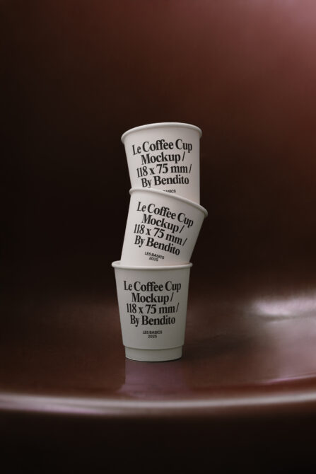 Stacked white paper coffee cups with text on moody burgundy backdrop