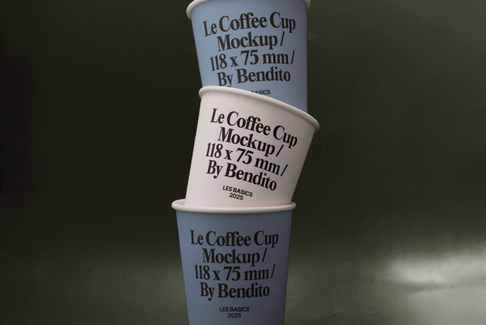 Stack of paper coffee cups in blue, white, blue on green background