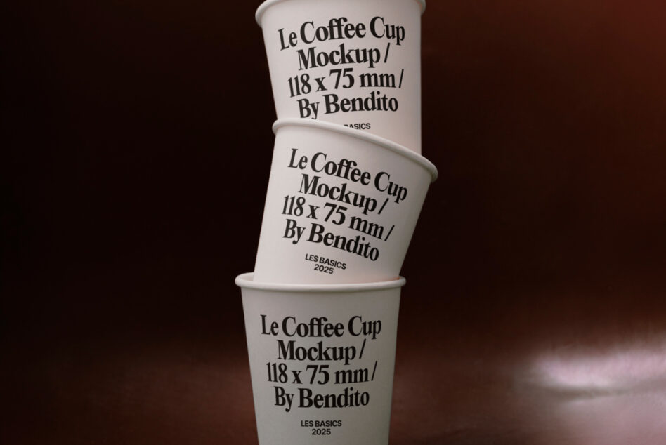 Three paper coffee cups layered on rich burgundy background