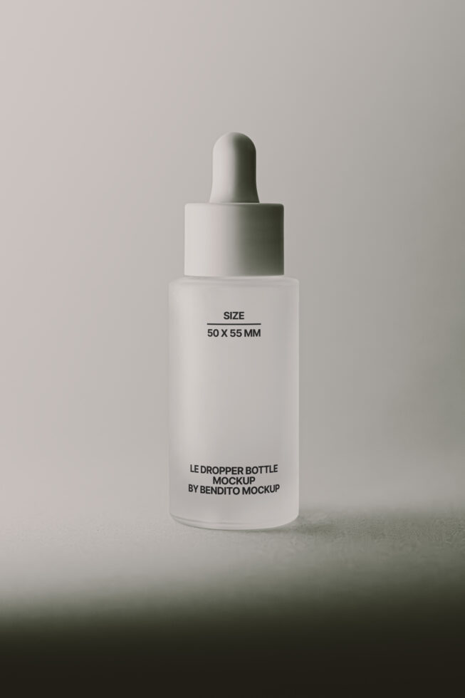 White dropper bottle with white cap on neutral beige background
