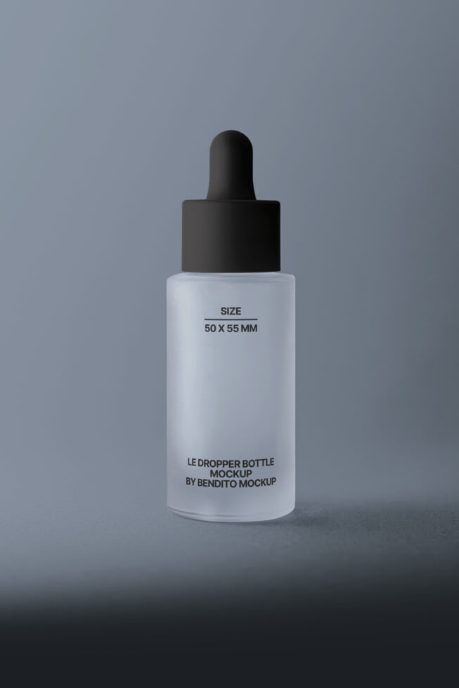 White dropper bottle with black cap on blue background