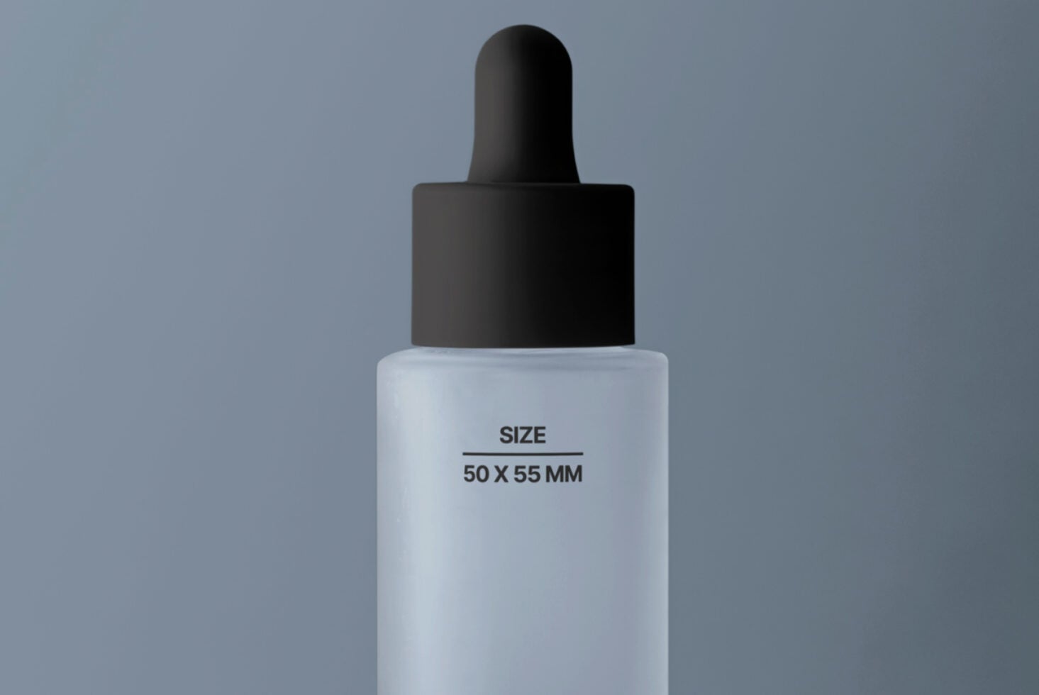 White dropper bottle with dark cap centered on soft blue backdrop
