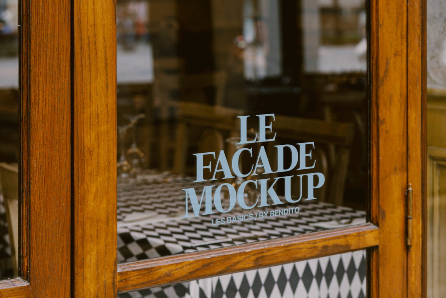 Facade mockup template on wooden glass door featuring reflective text design perfect for designers and branding in a restaurant setting. Ideal asset.