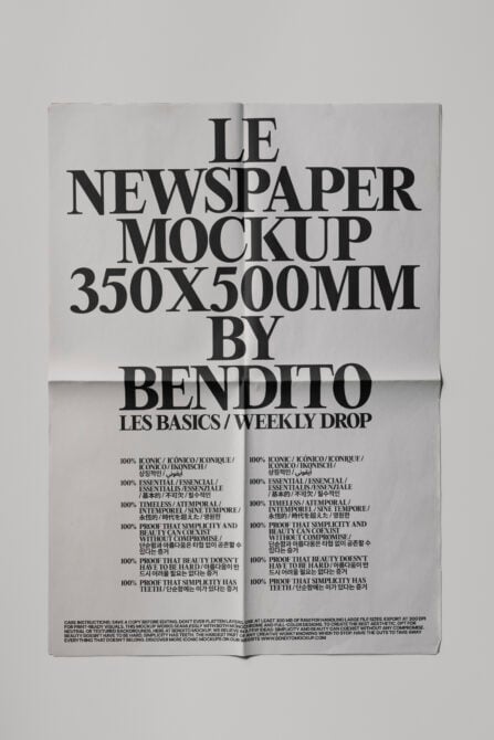 Folded newspaper mockup on pale gray background with multilingual text layout