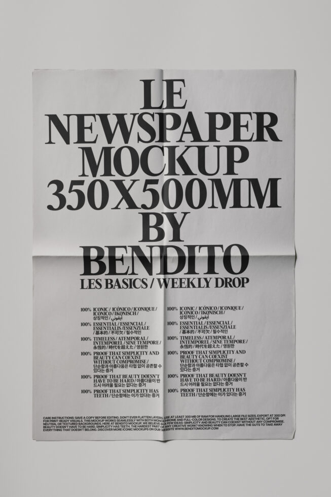 Folded newspaper mockup on pale gray background with multilingual text layout