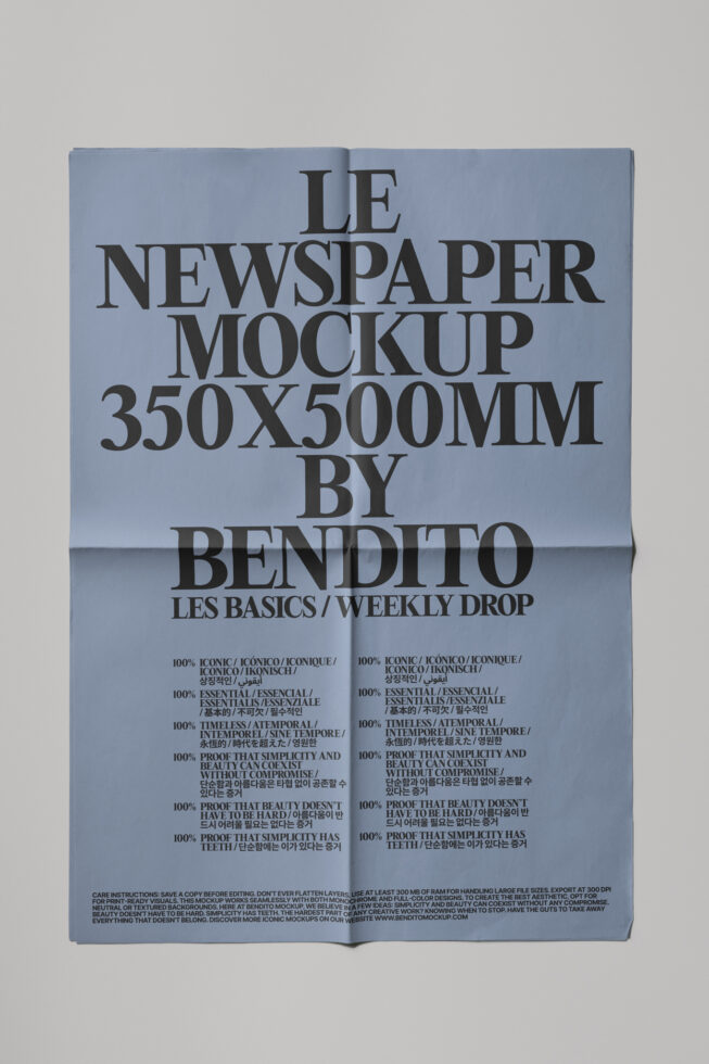 Folded newspaper mockup on pale blue background with multilingual text layout