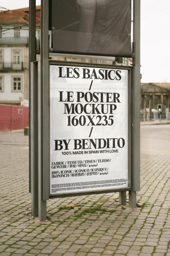 Street poster mockup on light background in outdoor bus shelter setting