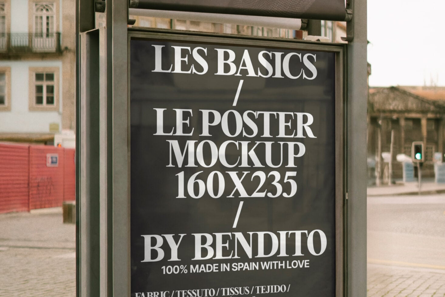 Close-up of dark street poster mockup with European city architecture backdrop