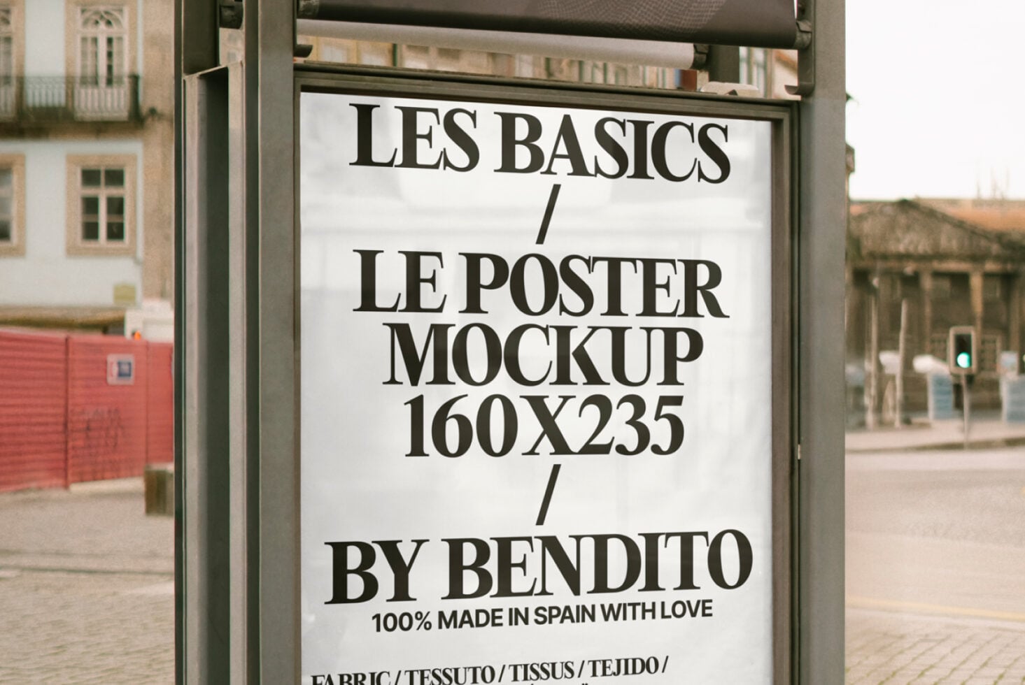 Close-up of light street poster mockup with European city architecture backdrop