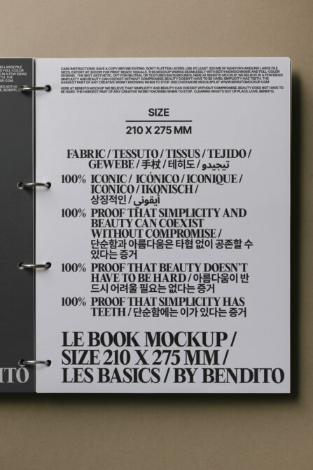Spiral bound book mockup page showing 210x275mm size specifications
