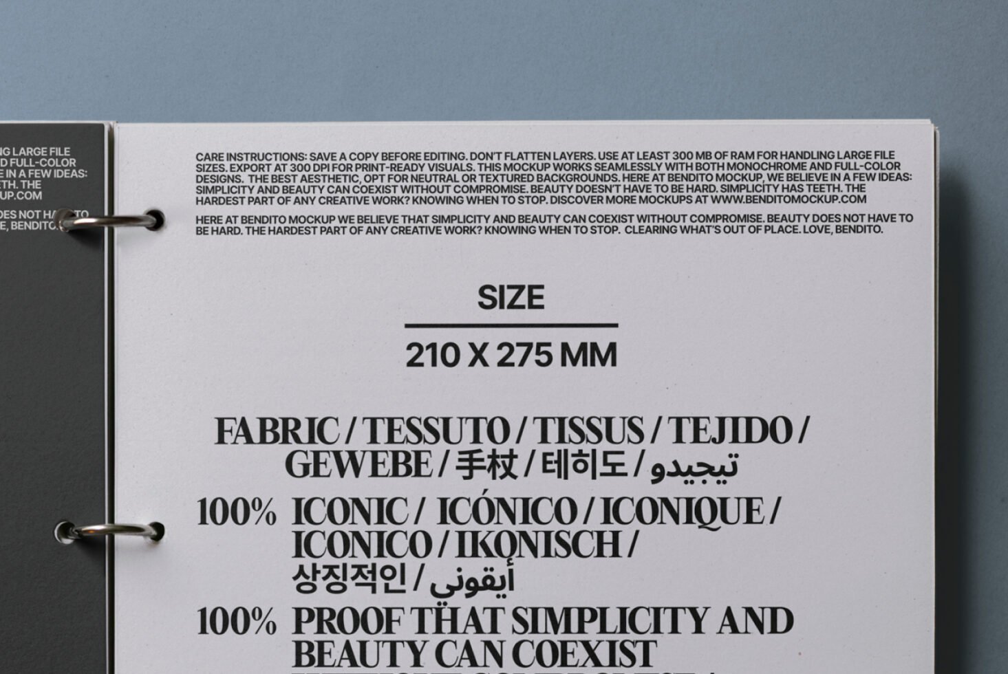 Mockup design template featuring multilingual text for fabric specifications on a page with size details 210x275mm ideal for designers and creatives.