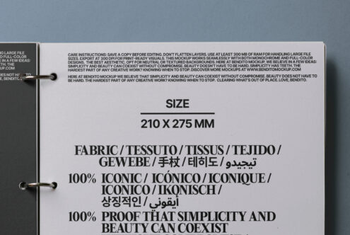 Spiral bound book mockup open showing 210x275mm size specifications