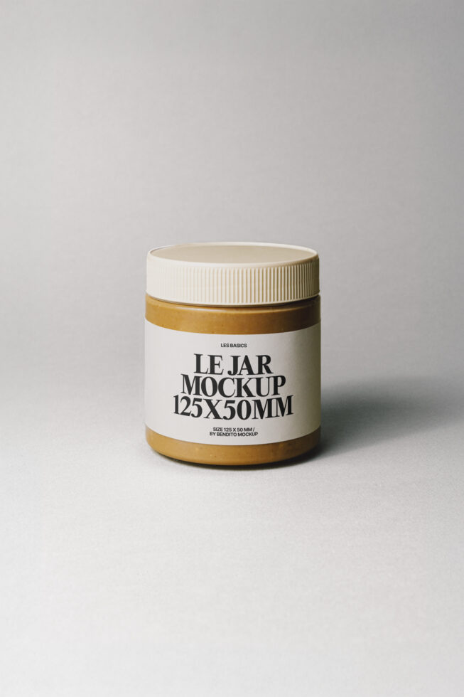 Le Jar Mockup 125x50mm for designers showcasing product packaging. High-quality PSD with customizable features for branding. Ideal graphic asset.