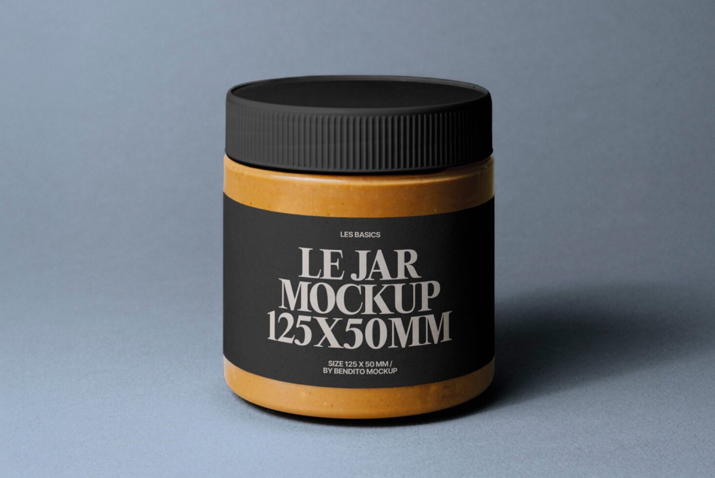 Jar mockup with black label 125x50mm. Perfect for showcasing designs on a realistic container. Ideal for designers seeking professional presentations.