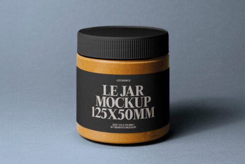 Jar mockup with black label 125x50mm. Perfect for showcasing designs on a realistic container. Ideal for designers seeking professional presentations.