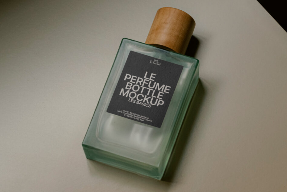 Square label perfume bottle mockup with dark label, wood stopper visible