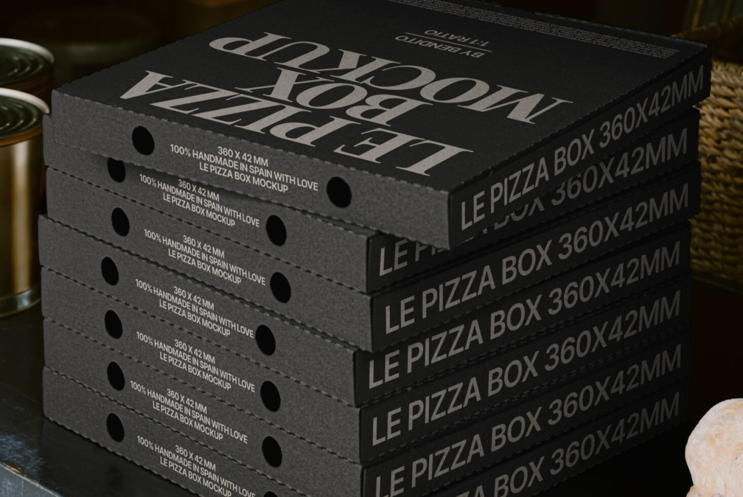 Stacked black pizza box mockup with white text, ideal for designers seeking packaging templates. Featuring dimensions 360x42mm. Perfect for graphic mockups.
