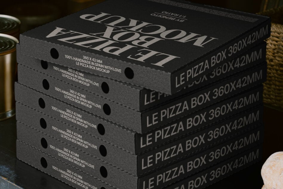 Multiple dark pizza box mockups stacked showing 360x42mm dimensions with embossed text