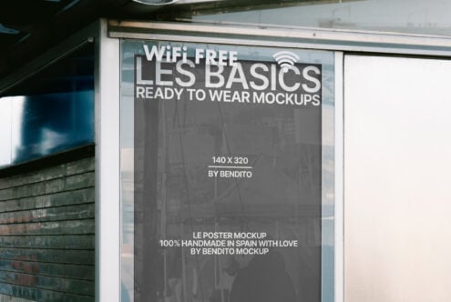 Outdoor bus stop poster mockup display, showcasing editable design template overlay. Ideal for graphic designers needing realistic outdoor advertisement presentation.