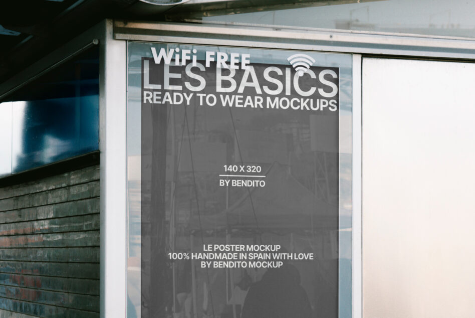 Minimal storefront poster mockup showing WiFi Free Les Basics branding on window display