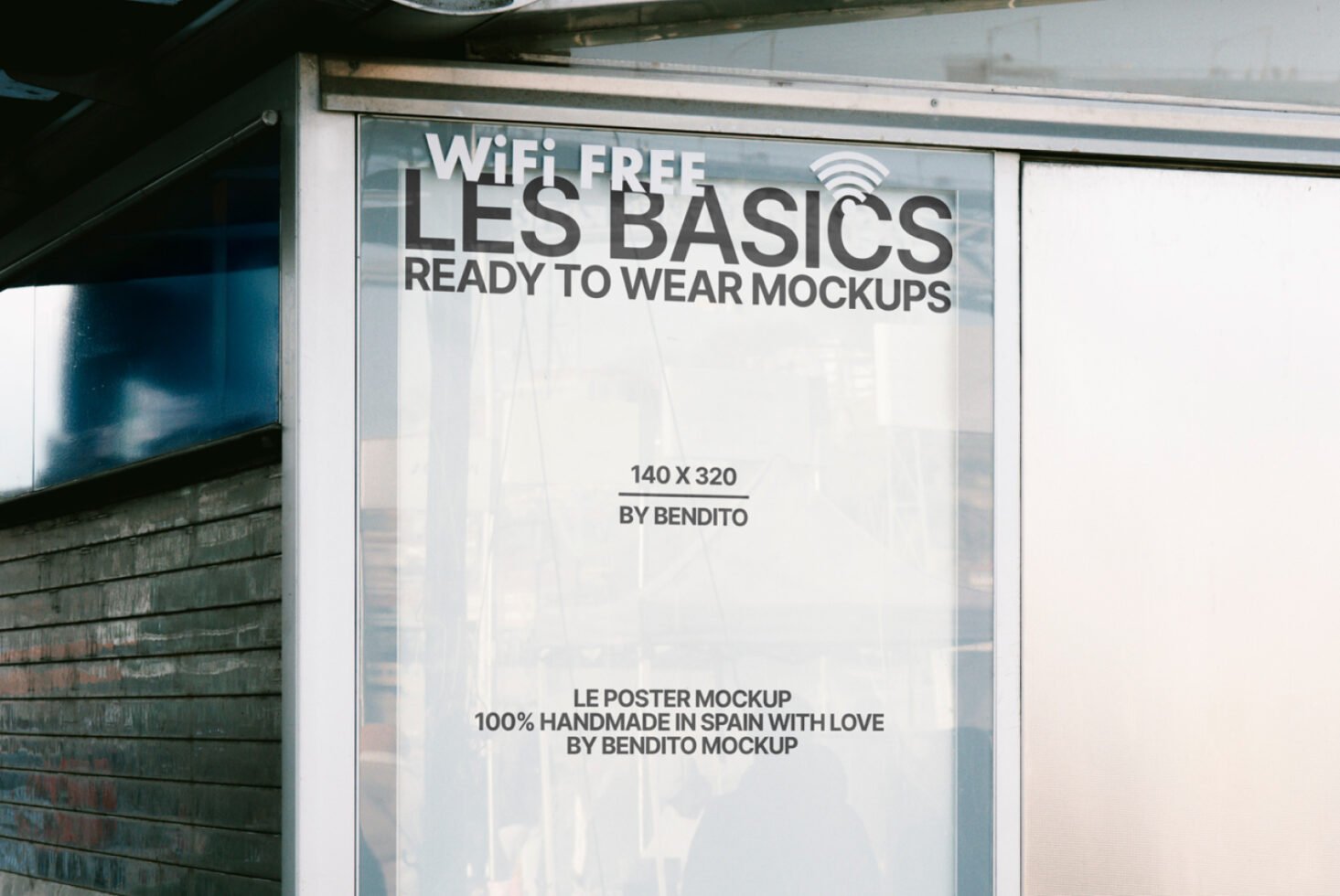 Glass storefront showcasing WiFi Free Les Basics poster mockup by Bendito. Ideal for retail design, graphic templates, and advertising displays.