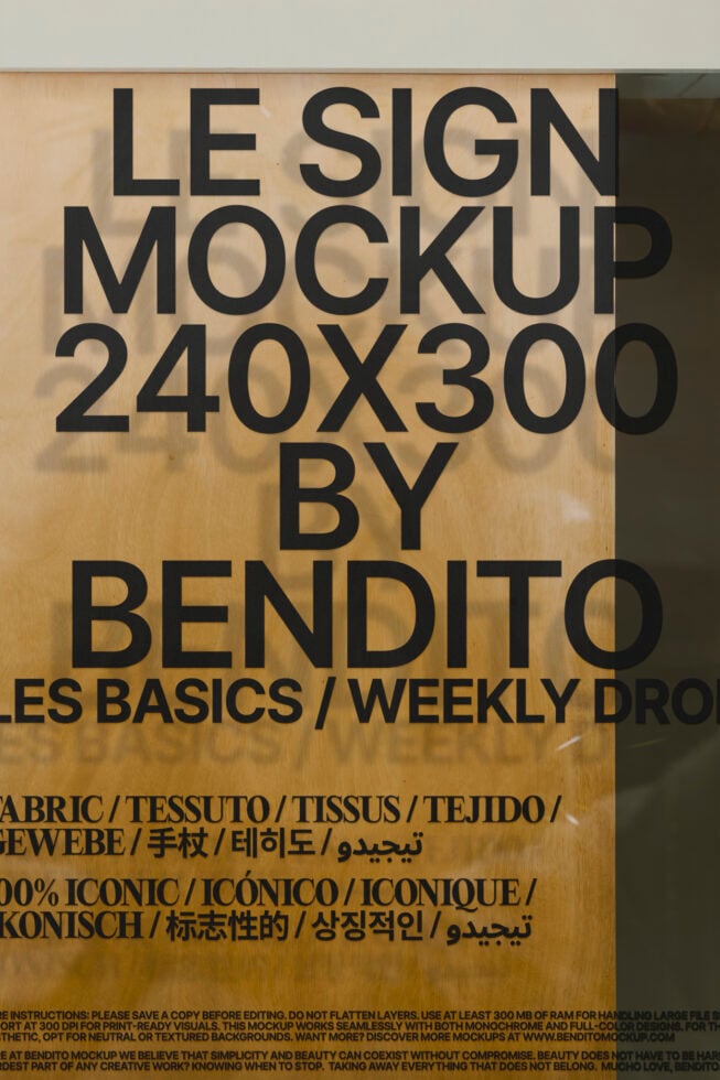 Sign mockup template 240x300 by Bendito for designers. Features multilingual text. Ideal for showcasing digital assets in design projects.