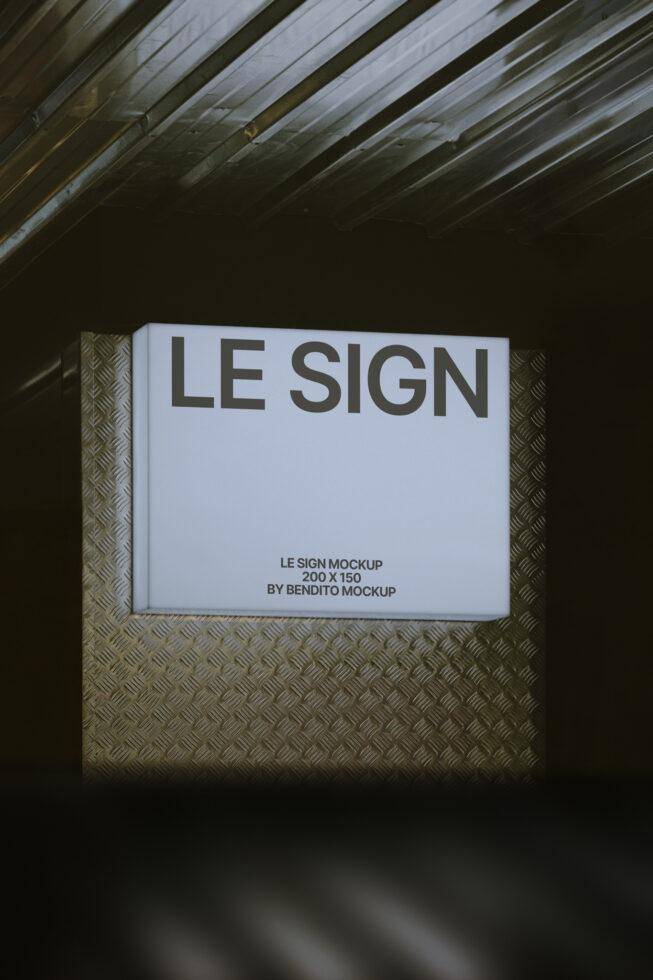 Illuminated sign mockup with metal texture background perfect for branding designers showcasing sign designs in realistic settings graphic template.