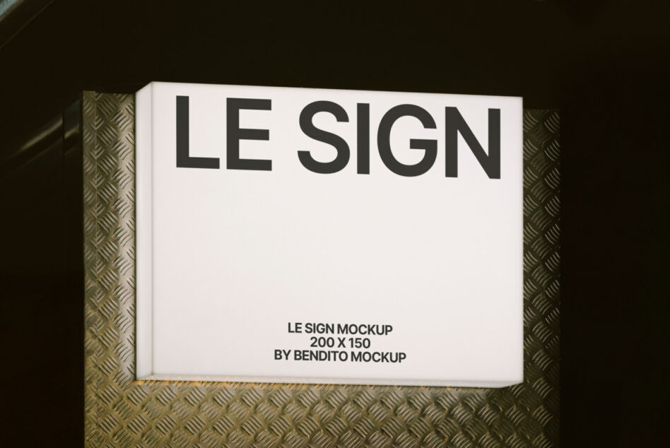 Angled view of framed sign mockup with off white background on metal