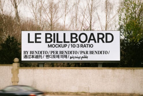 Billboard mockup with 10:3 ratio displayed outdoors in diverse languages ideal for designers. Perfect for showcasing advertising designs and templates.