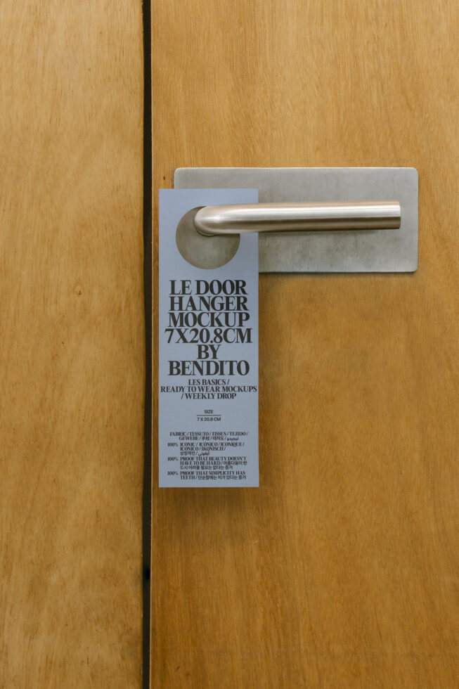 Door hanger mockup for designers features sleek design on wooden door with metal handle perfect for branding graphics templates marketing projects.
