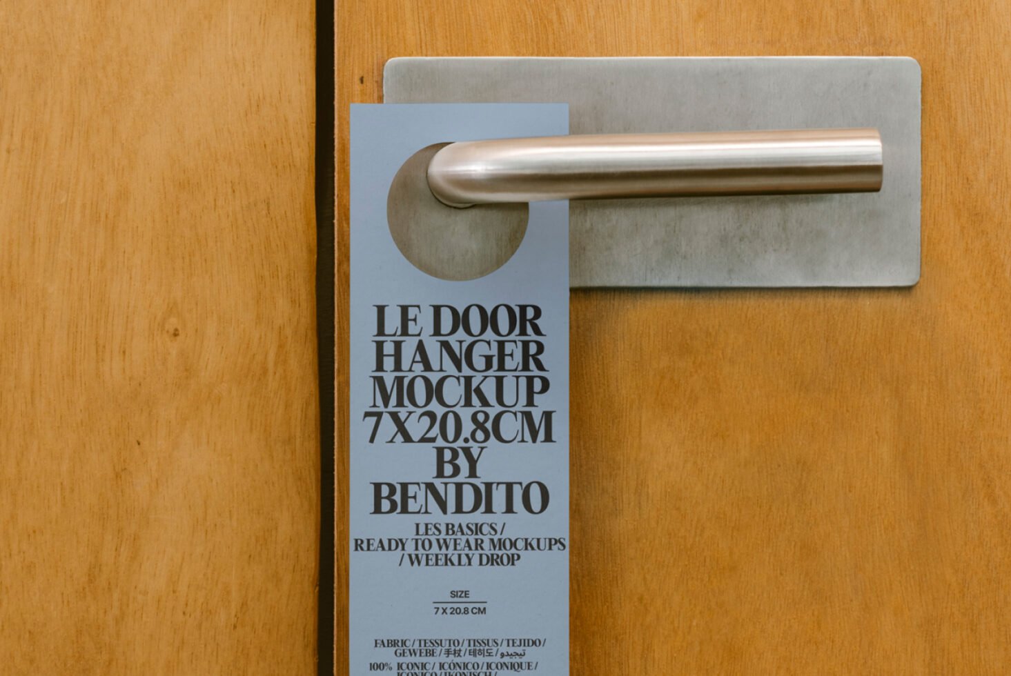 Door hanger mockup on wooden door handle, showcasing sleek design and typography for creative projects. Ideal for designers seeking high-quality templates.