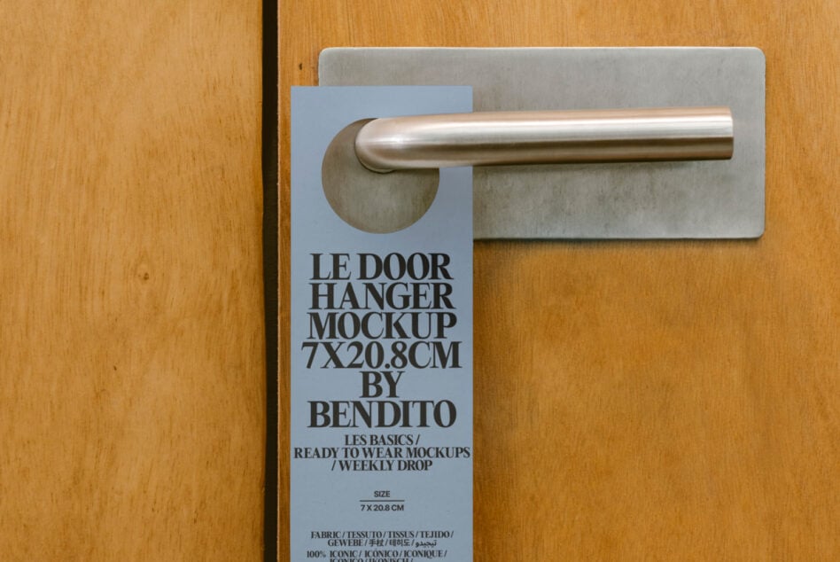 Door hanger mockup on wooden door handle, showcasing sleek design and typography for creative projects. Ideal for designers seeking high-quality templates.